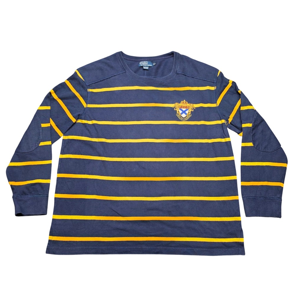 Polo Ralph Lauren Long Sleeve Rugby Sweater Navy Yellow Mens XXL Striped Crest‎